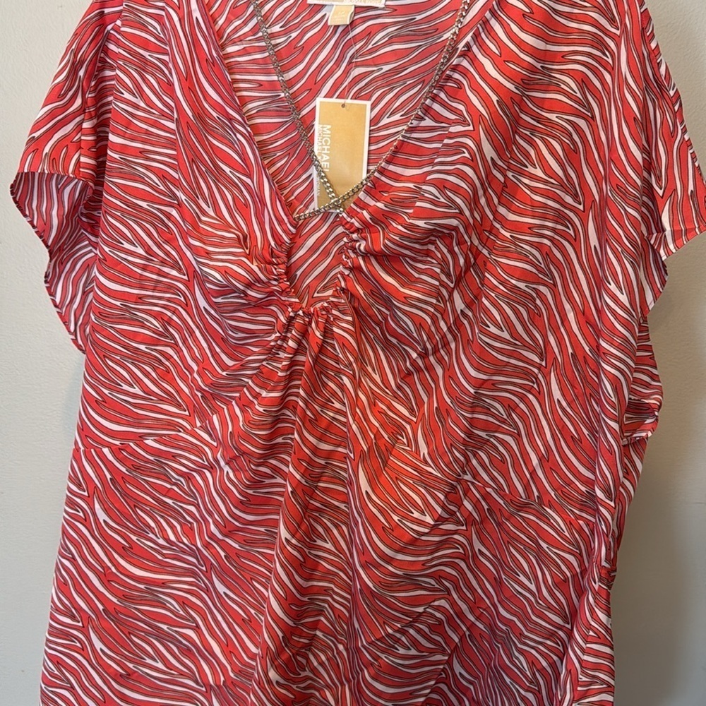 Michael Kors pink Zebra Print Chain trim blouse NWT 3X